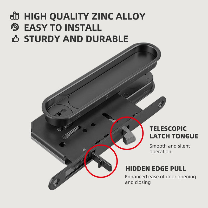 Pocket Door Lock and Pull Recessed Sliding Door Handle 6 Inch Invisible Door Lock Hidden Edge Pull No Key for Doors for Bedroom Kitchen (Black, for 1.38"-1.77" Door)