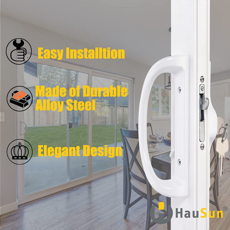 Sliding Patio Door Handle Set with Key Cylinder and Mortise Lock, Full Replacement Handle Lock Set Fits Door Thickness from 1-1/2" to 1-3/4", 3-15/16” Screw Hole Spacing, Reversible Design(Non-Handed) White