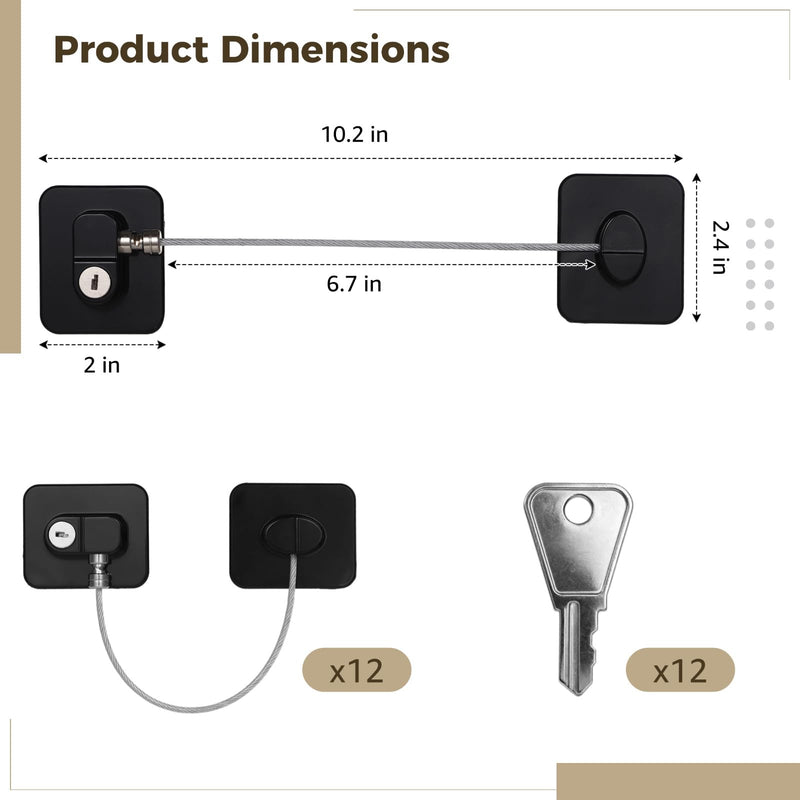 12 PCS Refrigerator Lock with 12 Keys, Adhesive Fridge Locks with Steel Wire, Safety Locks for Freezer, Cabinet, File Drawer, Closet, Kitchen Appliance, Furniture(Black Black