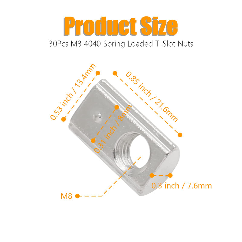 30Pcs M8 Spring T Nut 4040 Aluminum Extrusion T Nuts, Roll-in T Spring Nuts, M8 Half Round T Nut Tee Slot Nuts for 3D Printer, CNC Router, 4040 Series Aluminum Extrusion Profile with Slot 8mm 30 Pack 4040 Series M8