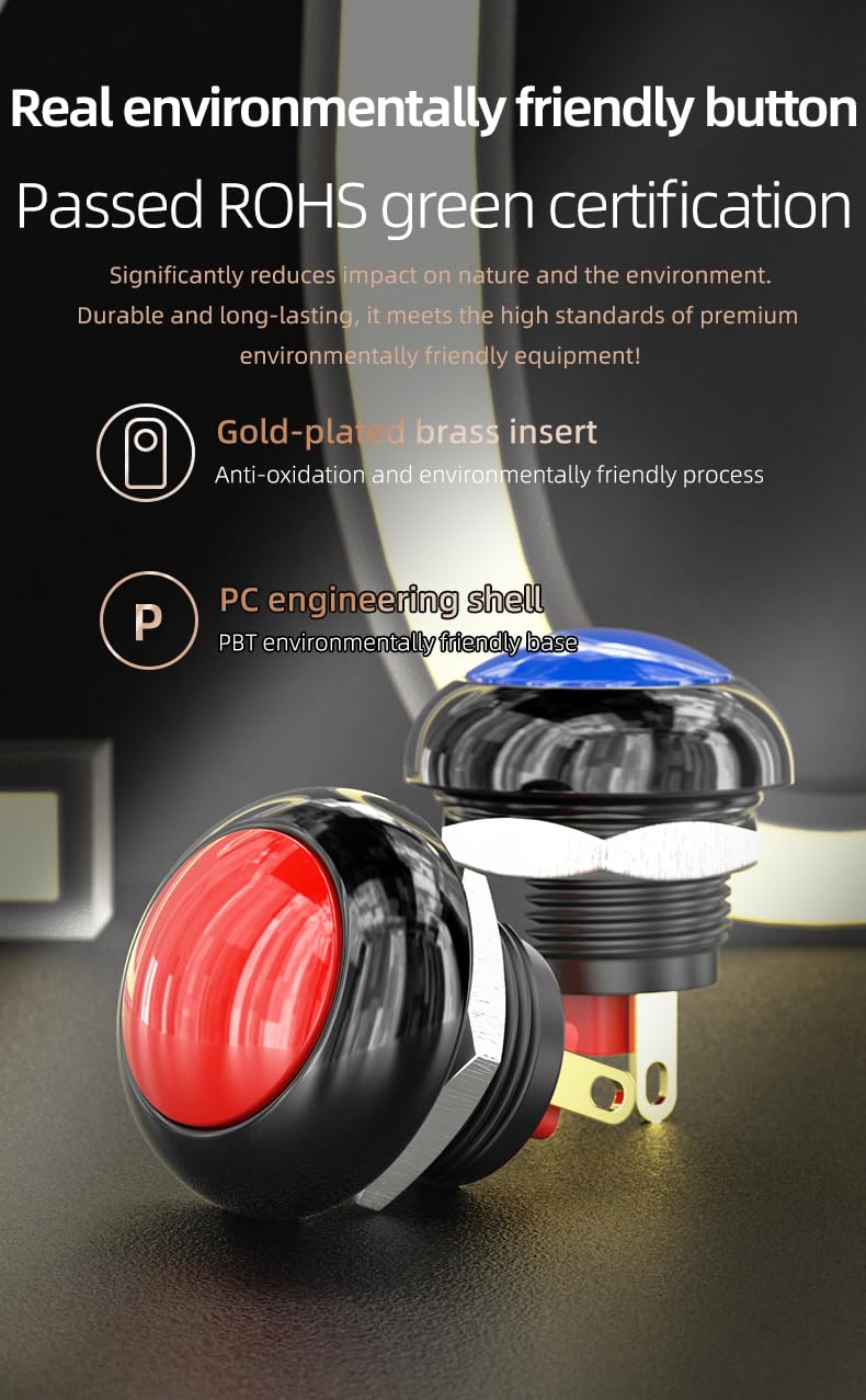 5pcs 12mm Momentary Push Button Switch Mini Round Switch IP68 Waterproof Gold-Plated Insert One Normally Open 3A 250V AC SPST NO 2 Pin PBS-33B (Red) Red