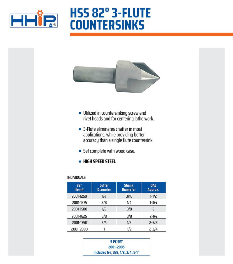 HHIP 2001-2000 1 Inch 82 Degree 3 Flute HSS Countersink 1 in 82°