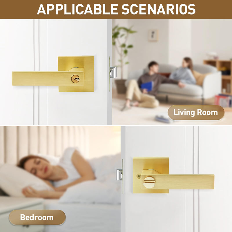 2 Pack Golden Polished Brass Door Lever with Lock and Different Keys,Unlock New Home Style，Reversible for Bedroom, Bathroom & Front Door 2 Pack