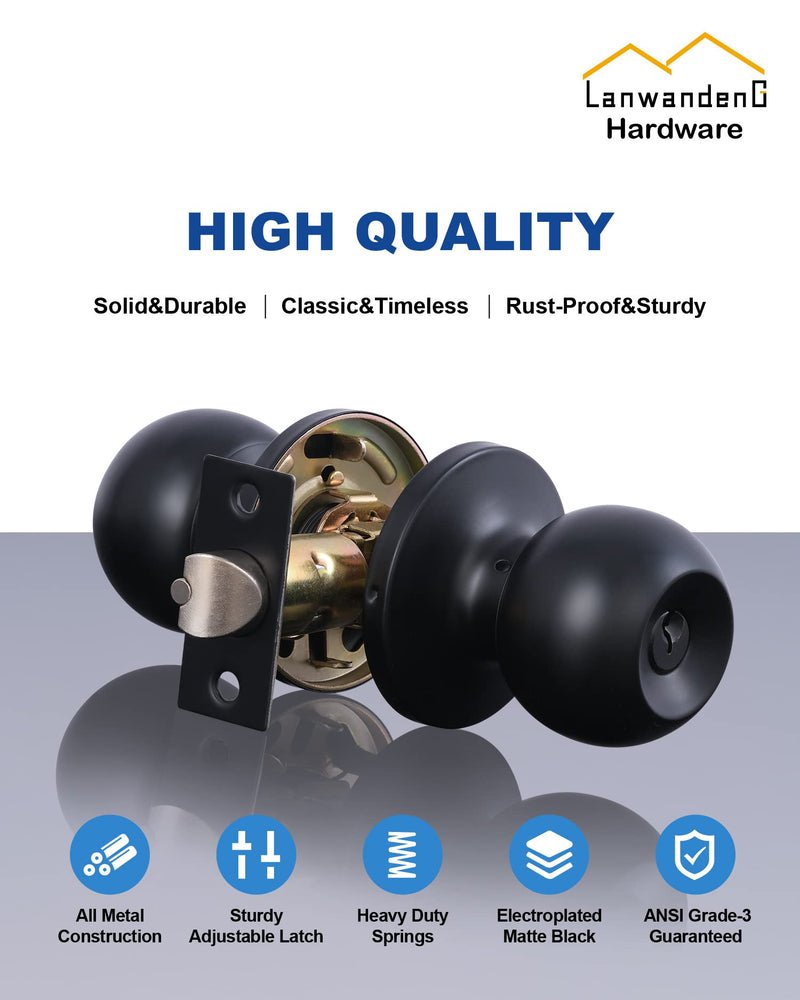Lanwandeng Matte Black Door Knobs with Lock and Keys, Interior/Exterior Door Knob for Bedroom or Bathroom, Entry Door Lock 1 Pack Entry with Keys