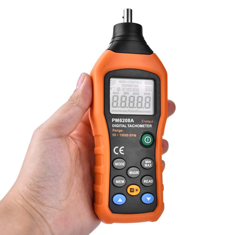Tachometer PM6208A Handheld Digital Tachometer Meter Motor Speed Gauge Tester 50RPM-19999RPM 100 Groups Data Logging Data Hold /Min/AVG LCD Backlight Accuracy?± (0.03%