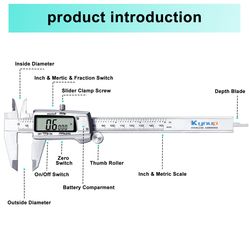 Kynup Digital Caliper, Caliper Measuring Tool, Micrometer Dial Vernier Caliper Digital, Full Turn Off, Stainless Steel, Switch from Inch Metric Fraction (6Inch/150MM) KY-21S