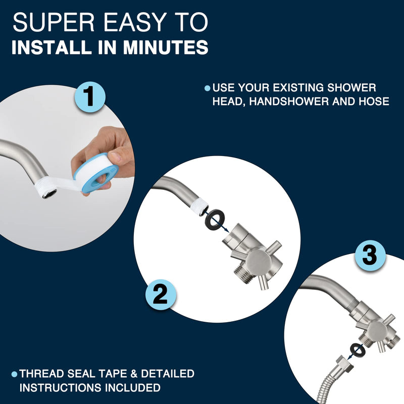 PDPBath Brass 3 Way Shower Arm Diverter Valve for Handheld Shower Head and Fixed Shower Head, G1/2 Universal Connection - Brushed Nickel