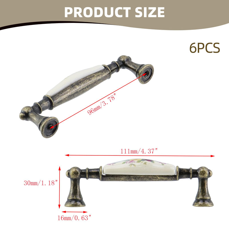 6pcs Floral Ceramic Cabinet Pulls 3.78" Holes Center to Center Drawer Pull Antique Flower Dresser Handles for Furniture Closet Wardrobe, with Screws Double Hole, 3.78"