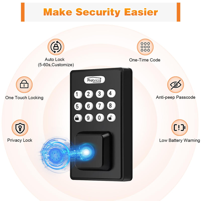 Probrico Smart Fingerprint Door Lock for Front Door, Keyless Entry Door Deadbollt Lock with Digital Keypad Code, Electronic Smart Deadbolt with App Control, Auto Lock, Bluetooth, Black