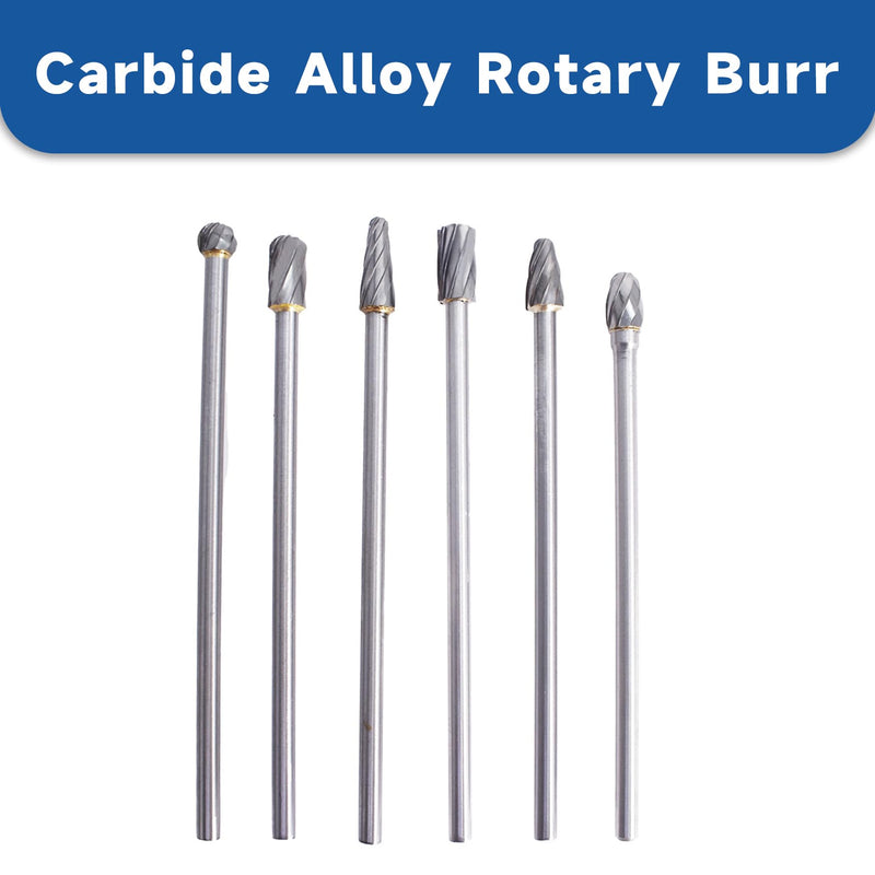 WFLNHB Carbide Alloy Rotary Burr Set - 6Pcs 6mm 1/4 Inch Shank 150mm Long Fit Rotary Tool for Woodworking, Drilling, Metal Craving, Engraving, Polishing