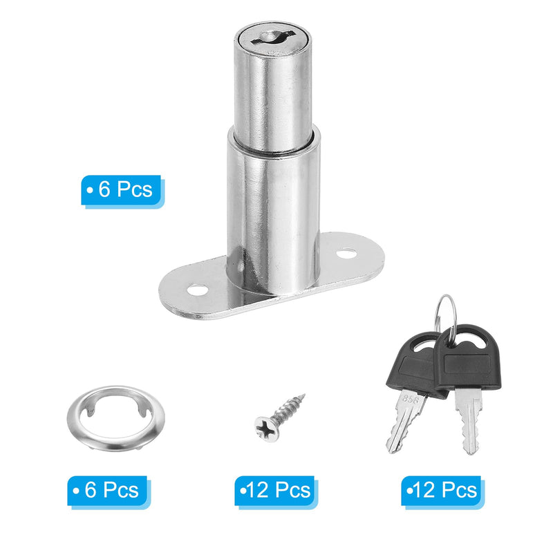 PATIKIL Push Plunger Lock, 6 Pack 32mm(1-1/4inch) Cylinder Length 3/4" Cylinder Diameter Zinc Alloy Chrome Finish Desk Drawer Lock Keyed Alike for File Cabinet Wardrobe Sliding Door
