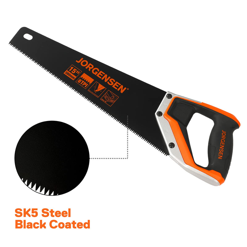 JORGENSEN 15” Hand Saw, Black Coated Coarse Handsaw 8TPI for Wood Cutting, Ergonomic Non-Slip Aluminum Handle for Sawing, Trimming, Gardening, Pruning, PVC