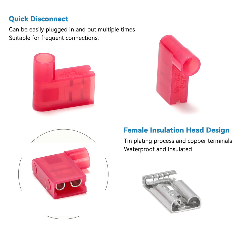HKS 100 PCS Flag Spade Terminals Female - Red 22-18 AWG - Nylon Quick Disconnect Wire Connector - Right Angle - Crimp Insulated 100PCS RED