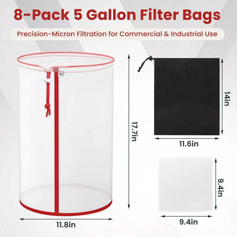 Enhanced Filter Bags 8 Pack 5 Gallon All Mesh Reusable Nylon Mesh Bags with Pressing Screen Storage Pouch for Hydroponics, Gardening (Nylon)