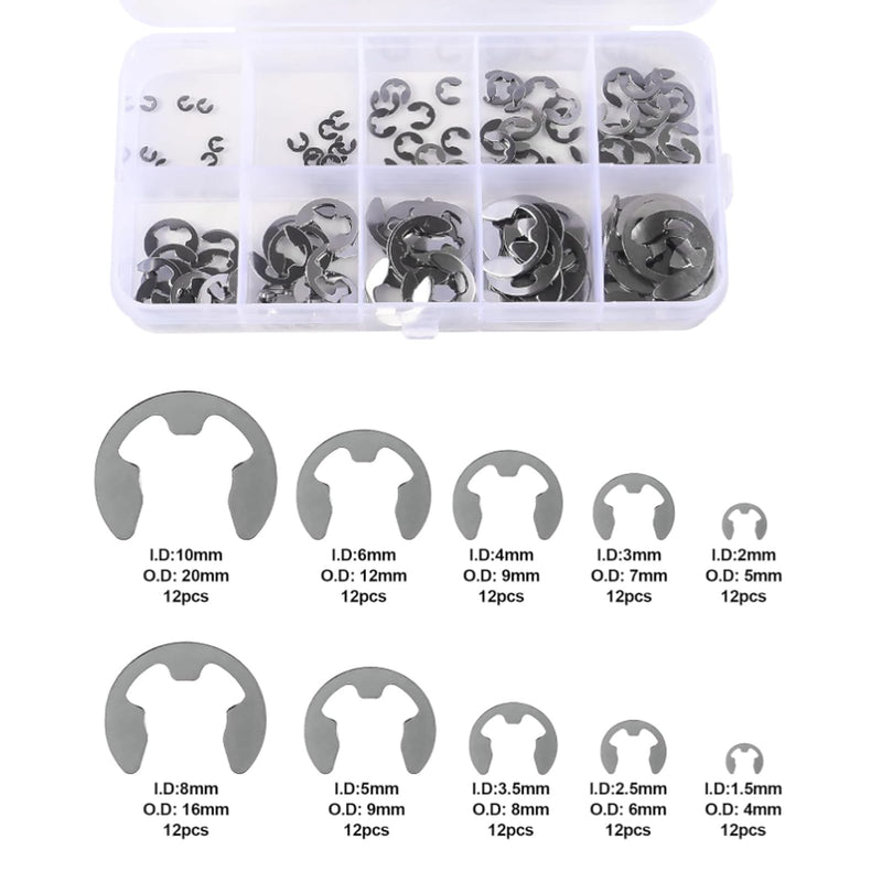 120pcs E-Clip Circlip External Retaining Clips Assortment Set 304 Stainless Steel Circlip Kit Anti Walk Washers 1.5/2 /3/4/5/6/7/8/9/10mm