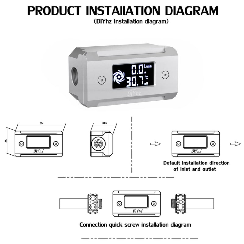 G1/4 Aluminum Alloy Shell LCD displaydigital Display Flow Thermometer Temperature Indicator CPU Temperature Monitor Silver
