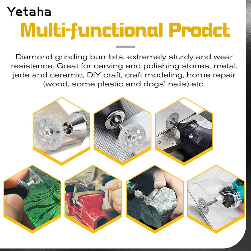 Yetaha Diamond Burr Set for Dremel, Rotary Tool, 1/8” Die Grinding Cutting Wheel Stone Glass Tile Jewelry Engraving Rock Etching Masonry, Grinder Carving Cutter Metal Engraver Kit -32pack