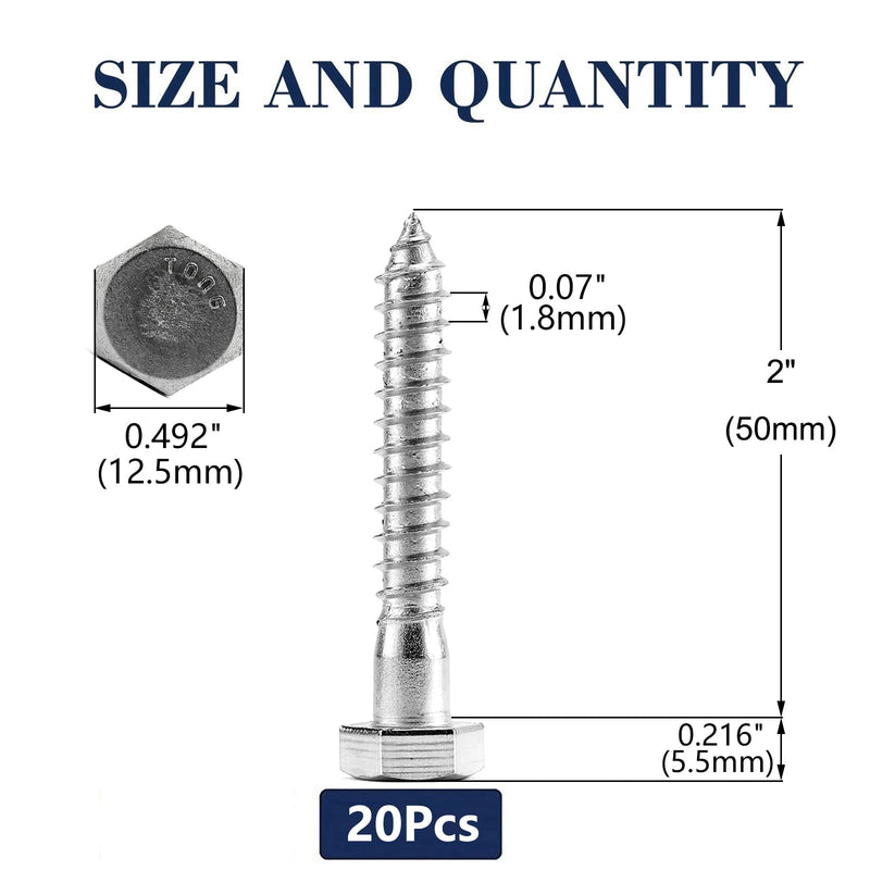 5/16" x 2" Hex Head Lag Screws Bolts 20Pcs 304 Stainless Steel 18-8, Partial Thread, Hexagon Head Wood Screws by SG TZH 20 5/16-18 x 2"