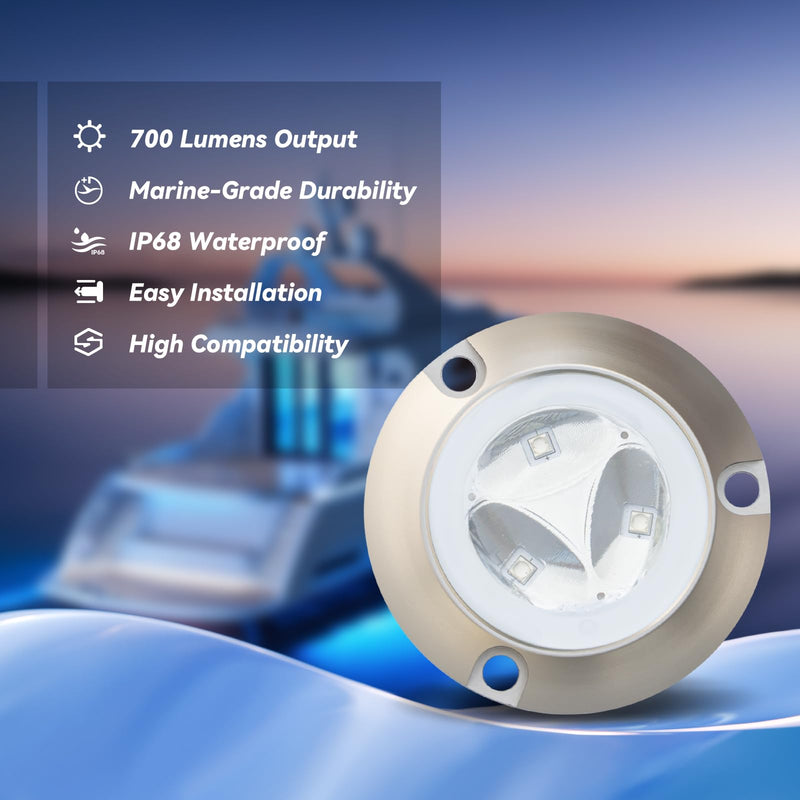 Marine-Grade Underwater LED Boat Lights, 700 Lumens of Single Color High Output Light, Ideal for Boats, Tugs, Fishing, Dinghies, Compatible with 10-30V DC Power Systems, Sold in Pairs Blue Underwater LED Boat Lights Gold