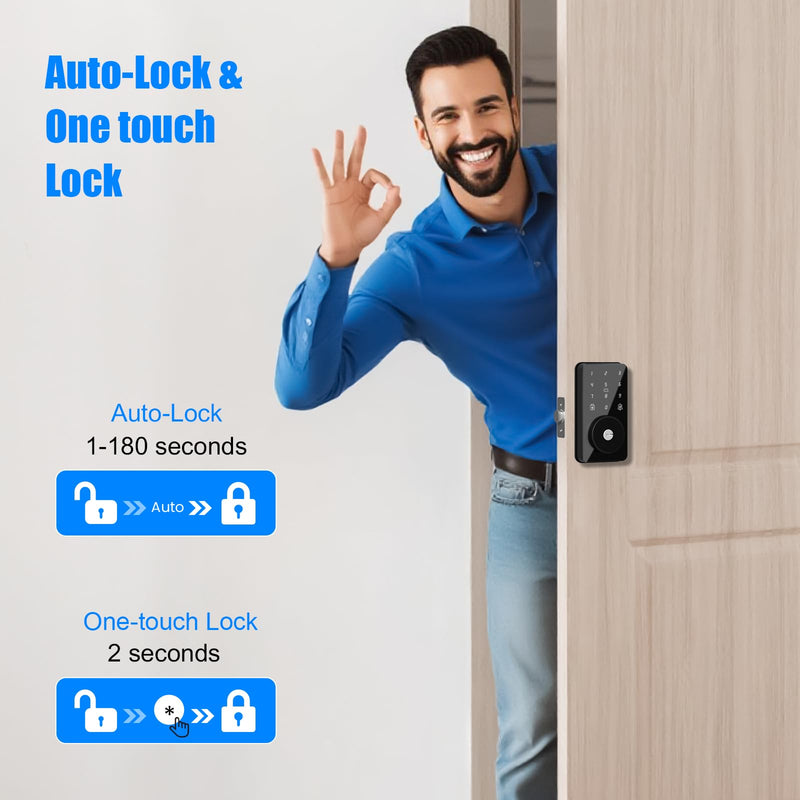 Smart Lock, 4-in-1 Keyless Entry Door Lock for Front Door, 6 Digital Code Door Lock with Keypad, Bluetooth Smart Deadbolt, App Control Glossy Black