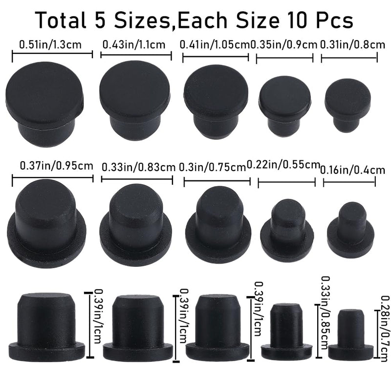 GORGECRAFT 50PCS 5 Sizes Silicone Hole Plug Black Round Rubber Waterproof Button Hole End Covers Soft Flexible Stopper Fit for 4-9.5mm Inner Diameter Hole Bottles Pipes Flower Pots