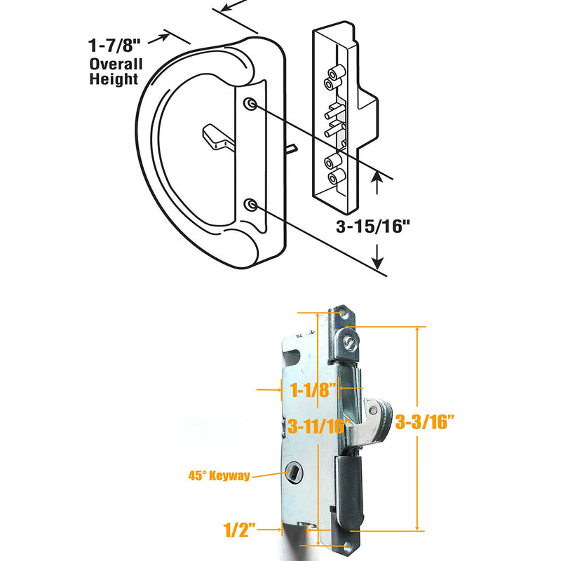 Sliding Patio Door Handle Set with Key Cylinder and Mortise Lock, Full Replacement Handle Lock Set Fits Door Thickness from 1-1/2" to 1-3/4", 3-15/16” Screw Hole Spacing, Reversible Design(Non-Handed) White
