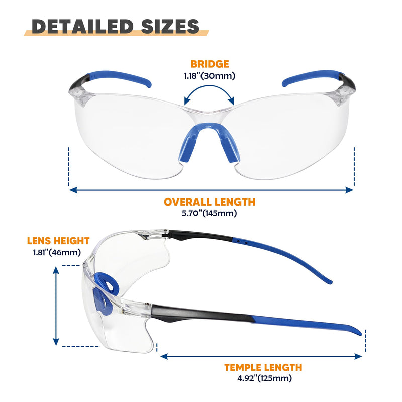 Clear Safety Glasses 24 Pack, Protective Eyewear UV Protection ANSI Z87.1, Safety Goggles Scratch & Impact Resistant, Eye Protection with Nose Pads for Men & Women Construction, Shooting, Lab Work Clear Lens/Blue Temples
