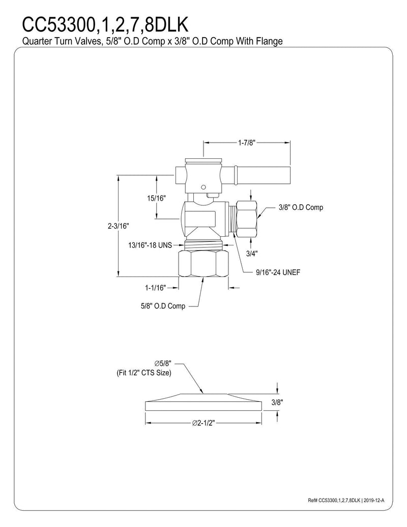 Kingston Brass CC53308DLK 5/8-Inch X 3/8-Inch OD Comp Quarter-Turn Angle Stop Valve with Flange, Brushed Nickel 4.015 cubic inches