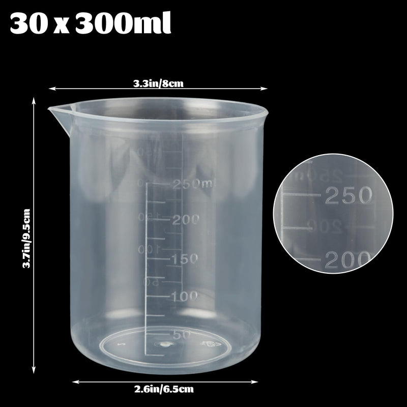 30 Pack Plastic Beakers 300 ml Graduations Plastic Graduated Measuring Cups for Science Lab Equipment, Home Experiment, School Teaching Supplies, Transparent