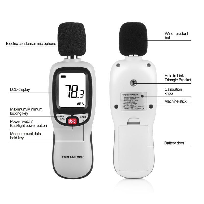 Decibel Meter, Digital Noise Meter, Range 30-130dB(A) db Meter, Portable SPL Meter (Sound Pressure Level Meter), Noise Volume Measuring Instrument