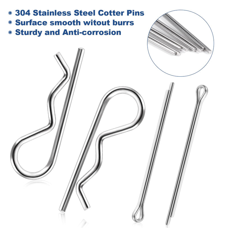 86 PCS Cotter Pin Assortment Kit, 10 Sizes Stainless Steel Cotter Pins & R Clips, Heavy Duty Pin Clips, Lock Pins for Hitch Pin Lock Systems, Lawn Mowers, Tractor
