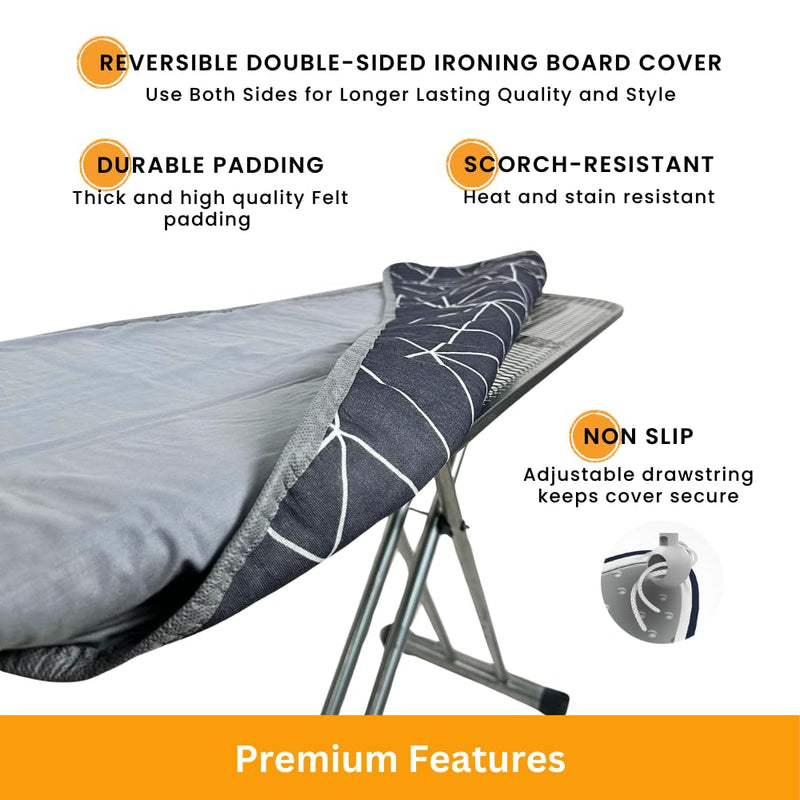 Ironing Board Cover and Pad Dual Side X2 Lifetime Double Using Heavy Duty Thick Padding Heat Reflective Non Stick Scorch and Stain Resistant Adjustable 15x54 inch Double Sided Geometric Grey
