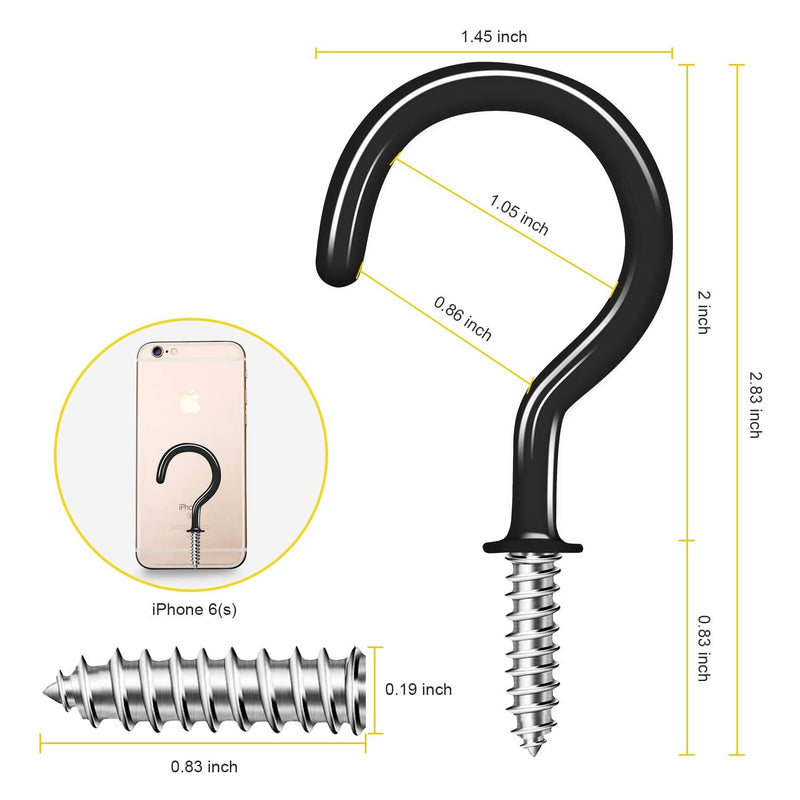 30 Pack Ceiling Hooks, 2 Inch Vinyl Coated Screw-in Hooks Hanging Plants & Flower Baskets, Multi-Function Wall Hooks Garage Hooks Cup Hooks for Indoors Outdoors - Black