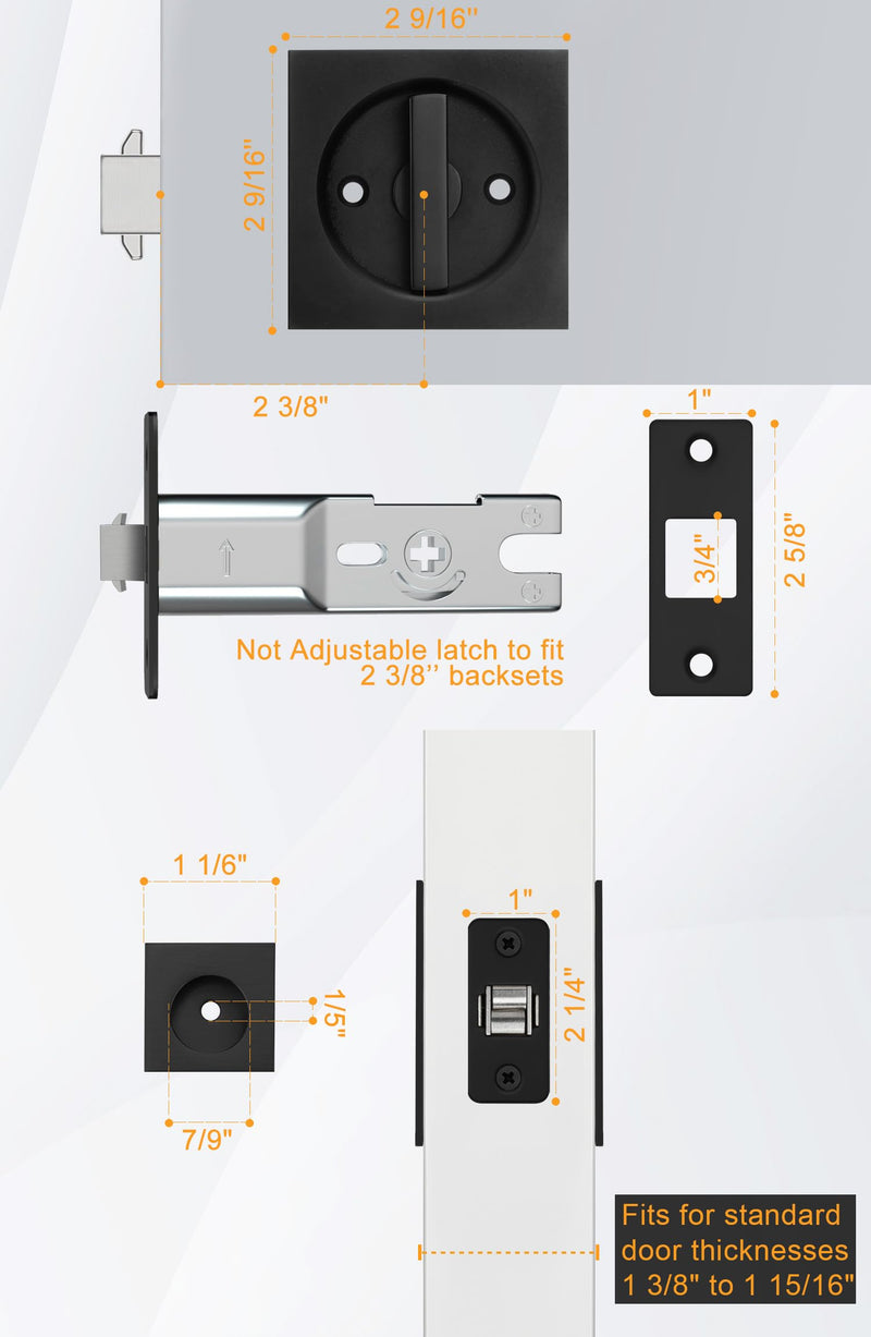 goldenwarm Black Pocket Door Lock with Finger Pull, 2 3/8 Inch Notadjustable Latch Square Pocket Door Hardware, Matte Black Sliding Pocket Door Privacy Lock- 2 Pack 2 3/8'' latch - 2 Pack