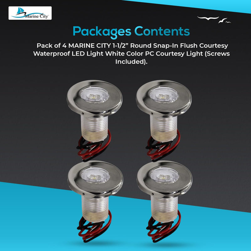 MARINE CITY Round Snap-in Flush Courtesy LED Light White, Waterproof, 1-1/2”, 304 Stainless Steel Ring, Corrosion-Resistant, 12V, IP68, for Boats, Yachts, Marine Accessories 4 Pcs