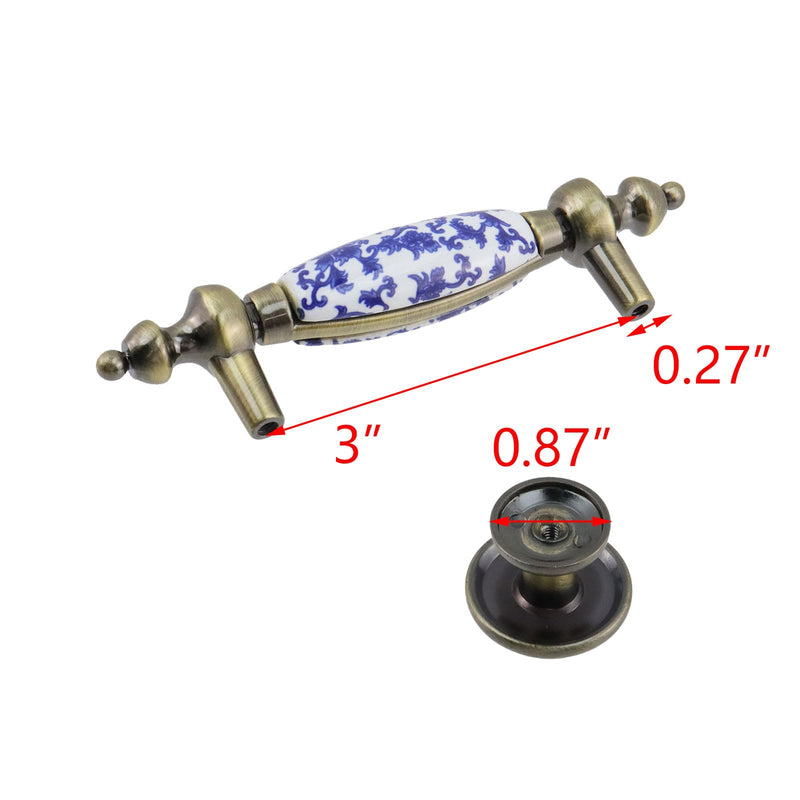 T Tulead Ceramic Drawer Knobs 1.26"×1.06", Cabinet Handle Pulls 3" Hole Centers, Blue and White Porcelain Pulls Handles Knobs Sets, Zinc Alloy Base, 4 Sets with Screws
