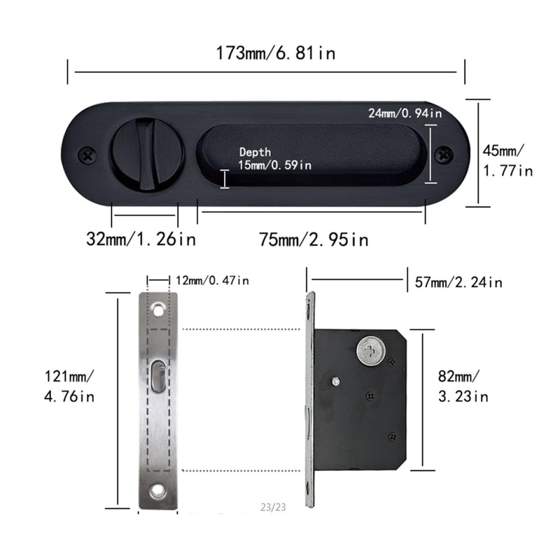 6.8" Privacy Pocket Door Lock Hardware Sliding Door Lock with Key Pocket Door Handle,Black Black