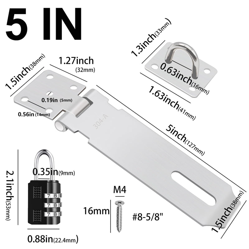 2Pcs Door Locks Hasp Latch,5 Inch 304 Stainless Steel Safety Packlock Clasp Hasp Lock Latch,Hinge Lock Padlock with Screws for Gates,Doors,Cabinets, Closets and More 5INCH with CODE LOCK