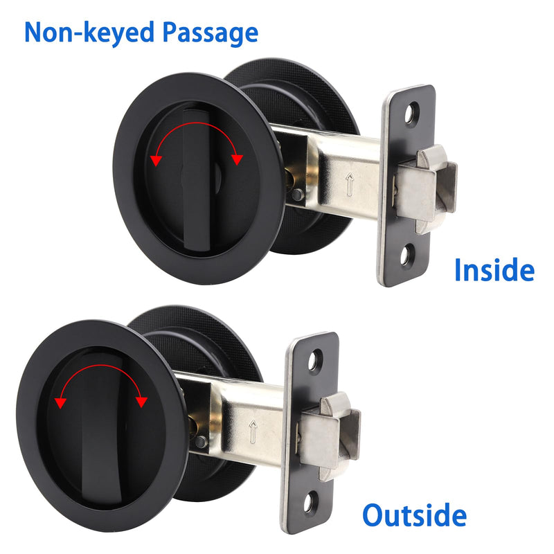 Dontay Pocket Door Passage Lock and Edge Pull, Non-Locking, Flush Mount, Low Profile Hidden Hardware, Flat Knob Handle for 1-3/8" to 2-3/16" Doors (1, Matte Black)