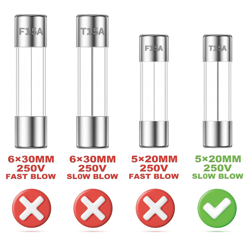 5x20MM 15A 250V Slow Blow Glass Fuses 15 Amp 250 Volt 0.2 x 0.78 Inch Slow-Acting Time-delay Fuse T15AL250V Tube Fusibile (Pack of 20Pcs) T15A