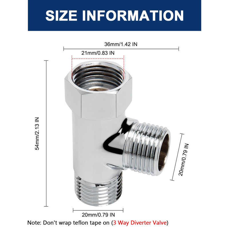 NearMoon Solid Brass G1/2" 3 Way Diverter Valve - Hose Fitting Tee, T Shape Adapter Connector for Angle Valve Hose, Bath Shower Arm, and Toilet Bidet Sprayer Faucet (Chrome Finish) Chrome Finish