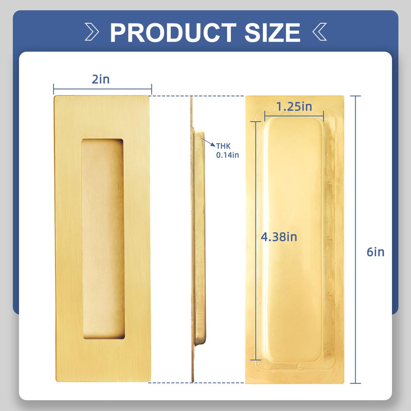 Pocket Door Hardware and Edge Pull,Stainless Steel Pocket Door Handles Latch,Recessed Finger Flush Pulls,for Closet,Sliding,Barn Door (Brushed Gold, 6Inch) Brushed Gold