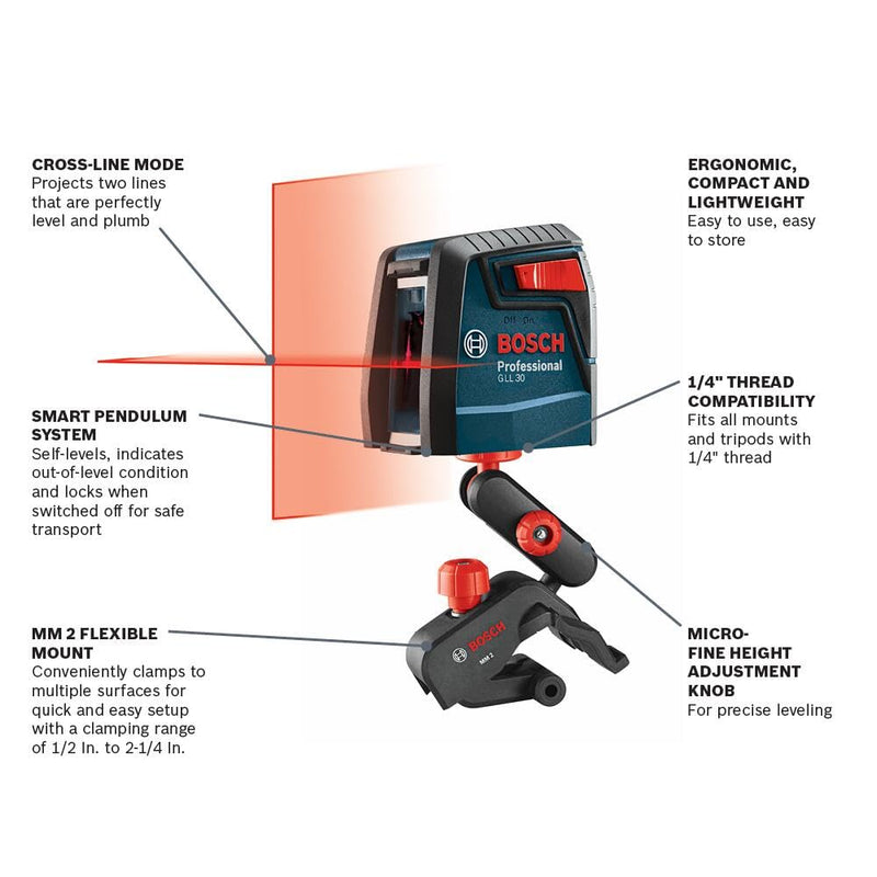 BOSCH GLL 30 30 FT Self-Leveling Cross-Line Laser, Includes 2 AA Batteries & Flexible Mounting Device 30ft