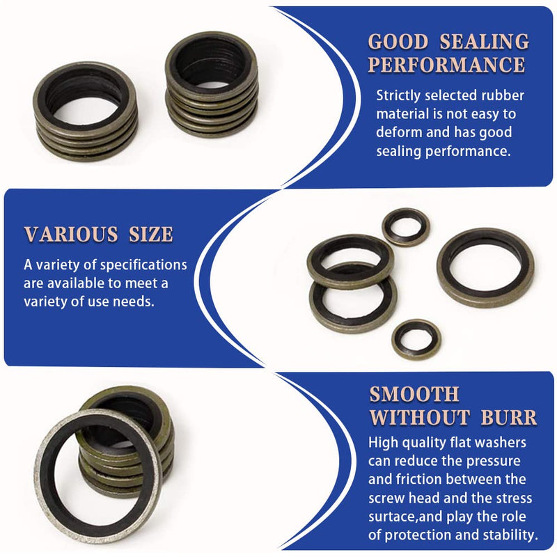 150Pcs Metal Bonded Seal Washer Assortment Kit Bonded Washer Self-Centered 8 Sizes M6, M8, M10, M12, M14, M16, M18, M20 for Automotive,Bearings,Pumps