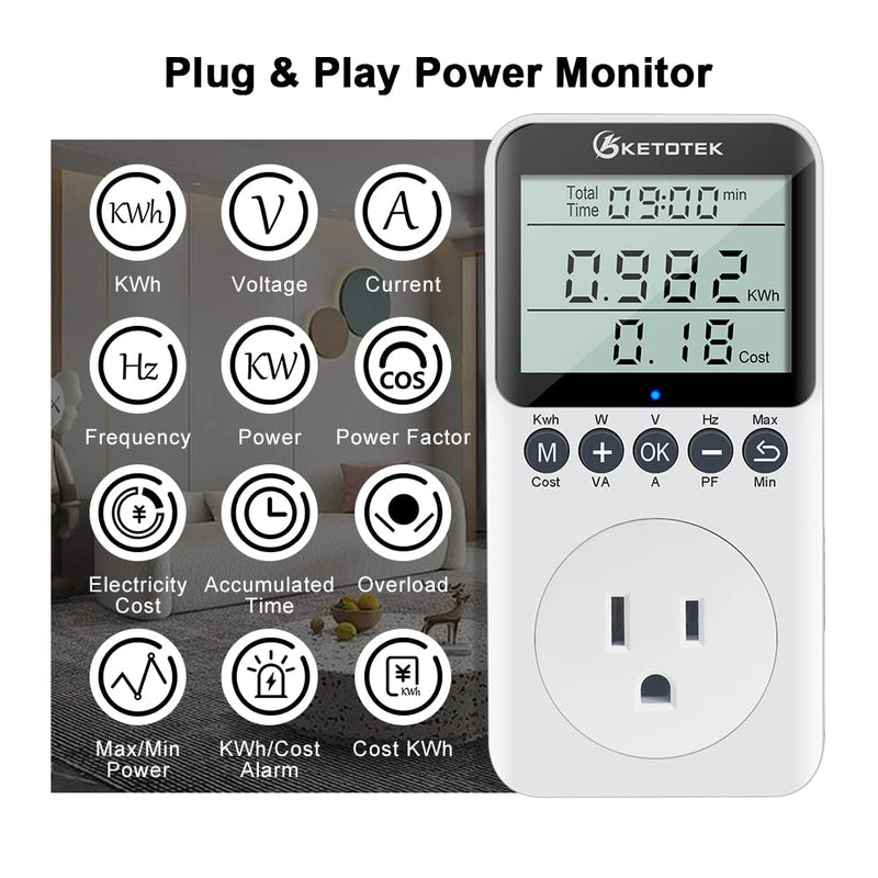 Watt Meter Plug-in Socket Power Meter, Kilowatt Wattage Voltage Tester, Home Electricity Usage Monitor Overload Protection, LCD Display Energy Voltage Amps Power Consumption Meter B0306USPRO