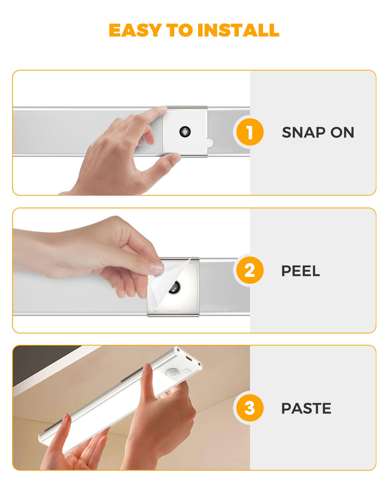 ASOKO Under Cabinet Lights Motion Sensor Light Indoor USB-C Rechargeable LED Closet Lights Battery Operated Under Cabinet Lighting Wireless Under Counter Lights for Kitchen(White,3Pack) Silver-White Light 3 Pack-7.8inch