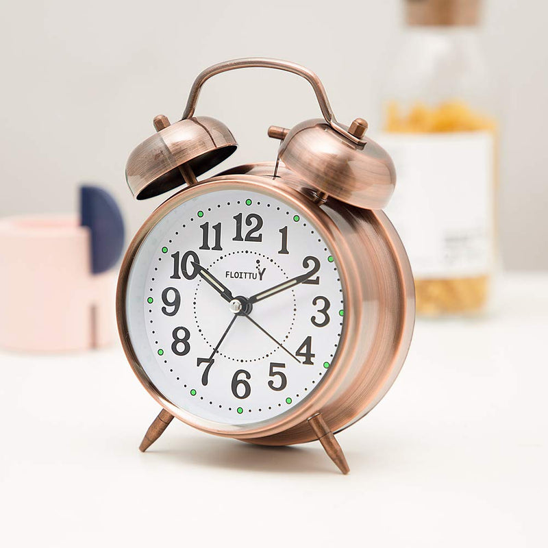 {Loud Alarm for Deep Sleepers) 4'' Twin Bell Alarm Clock with Backlight for Bedroom and Home Decoration(Red-Brown) Red-brown