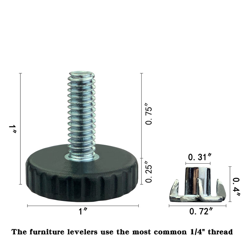1/4" Threaded Table/Chair/Furniture Feet Levelers Screw in Threaded (12 Pack)Adjustable Leveling Foot Pads Glides Screw on for Bar Stool/Bench/Bed/Cabinet/Desk/Dresser/Wood Legs(Black,Nylon,1/4-20) 12 Pcs No Threaded Inserts
