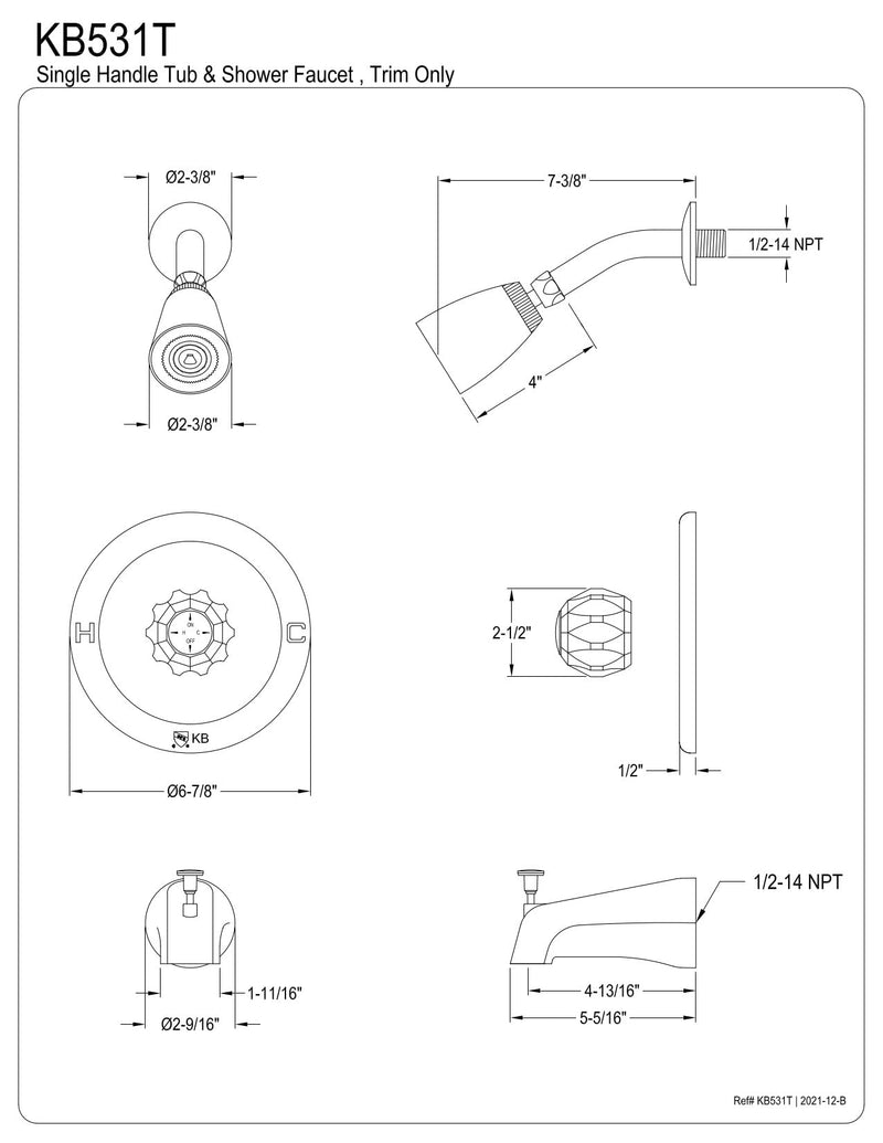 Kingston KB531T Tub & Shower Faucet (Trim Only), Polished Chrome 72 x 7.75 x 6.75