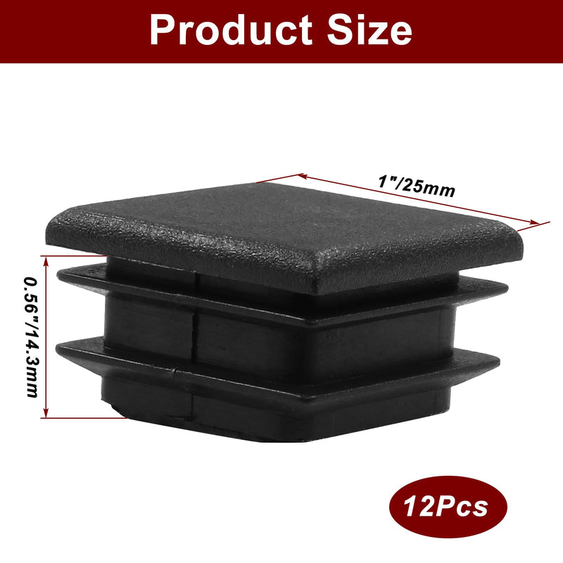 12 Pack 1 Inch (25mm) Square Plastic Plug, Square End Caps, Square Plastic End Caps Tubing Post End Cap for Square Tubing Post, Chairs and Furniture 12